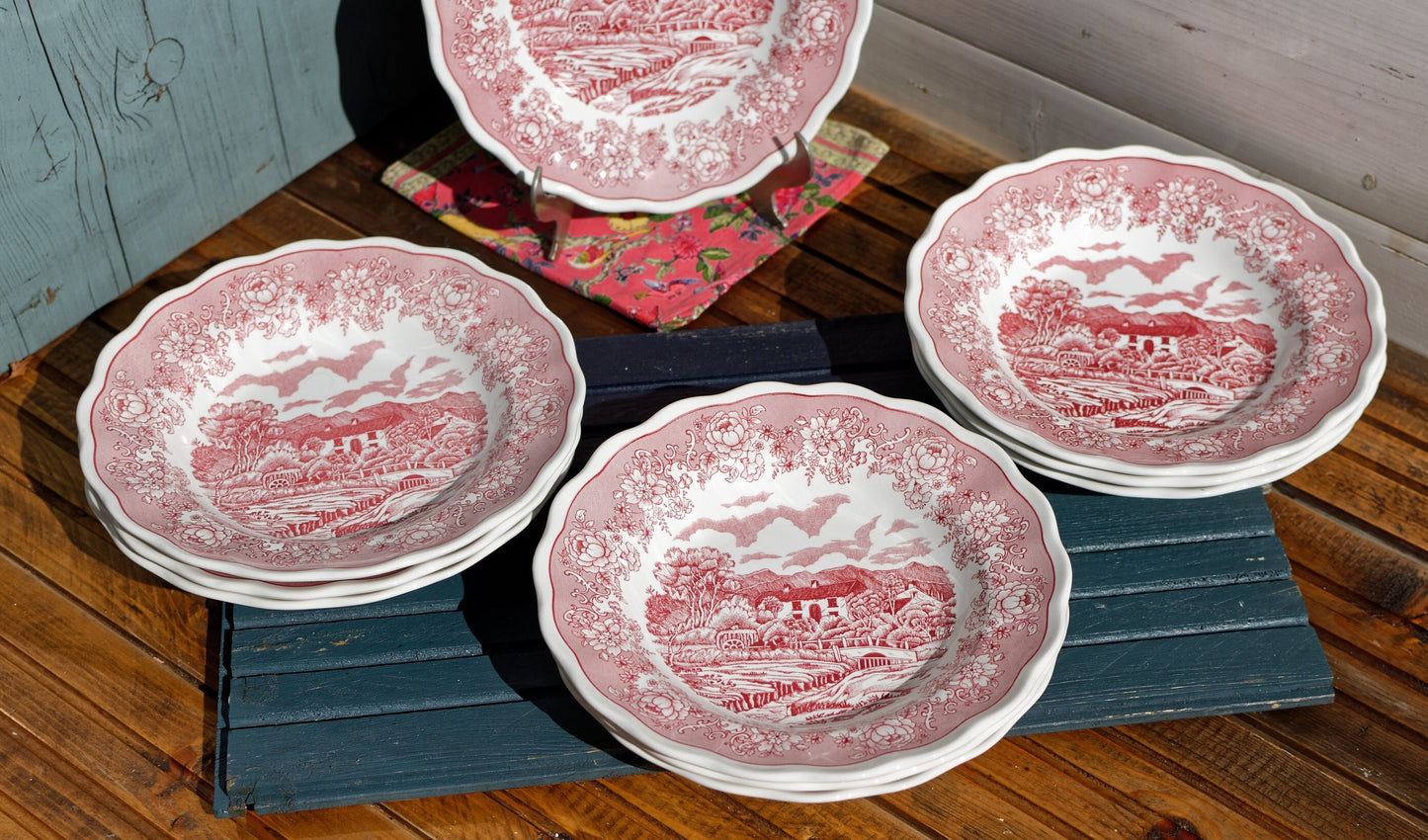 1950s ~ "English & Swiss Landscape" Motif N. FONTEBASSO 1760 N.F. Terraglia Forte ~ Italian Vintage Ironstone Red Transferware Soup Plate ~ Made in Italy