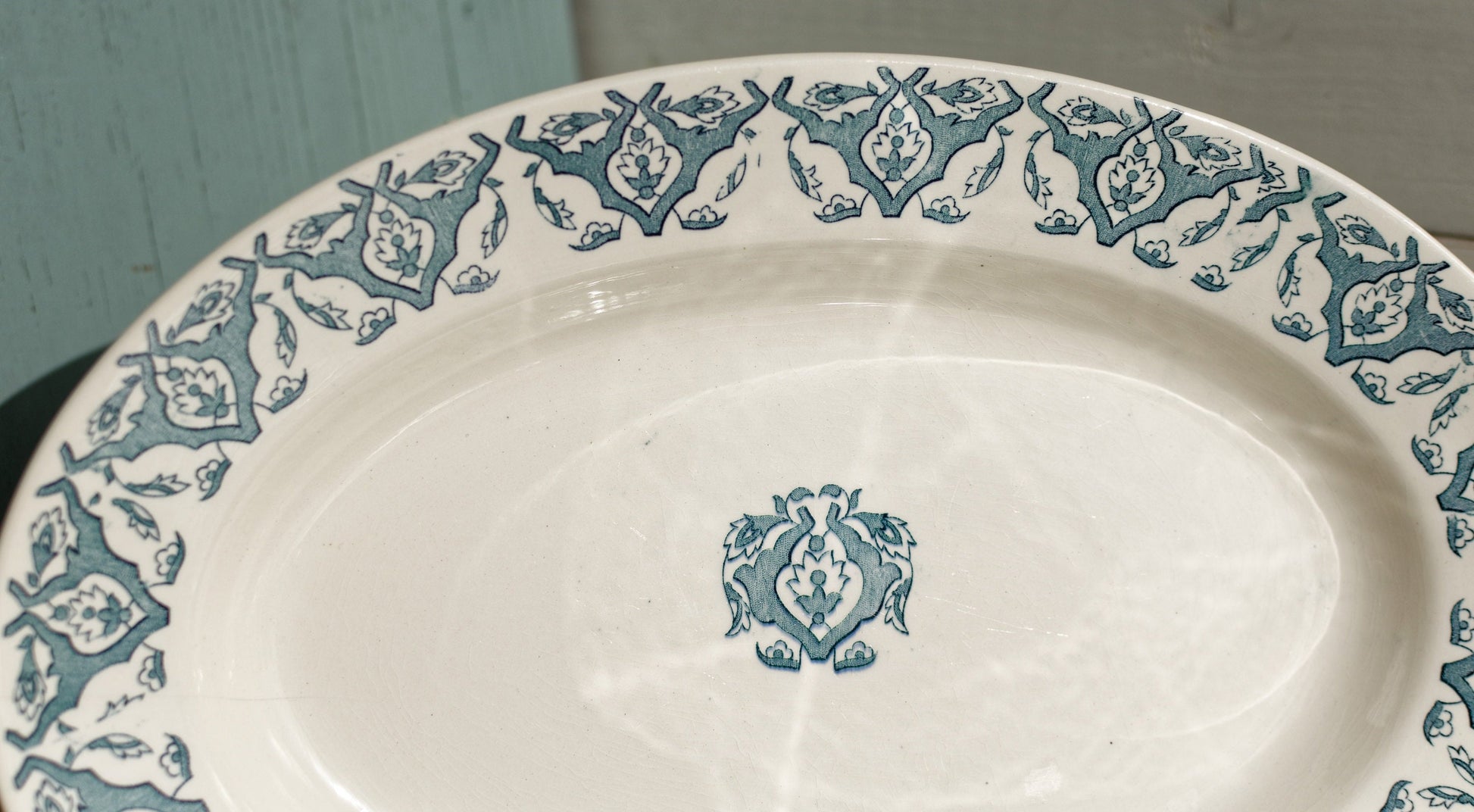 French Ironstone Blue Transferware Oval Serving Plate LONGWY RHODES Terre de Fer