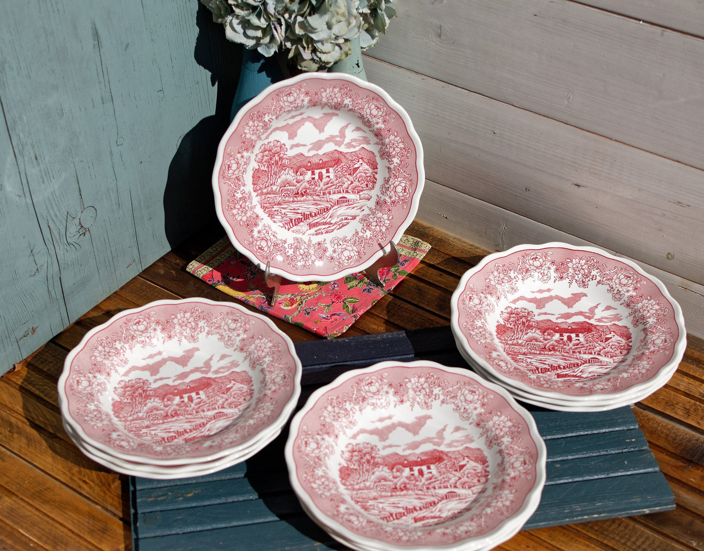 Italian Ironstone Red Transferware Soup Plate N. FONTEBASSO 1760 N.F. Terraglia Forte English Landscape Fabrique en Italie 