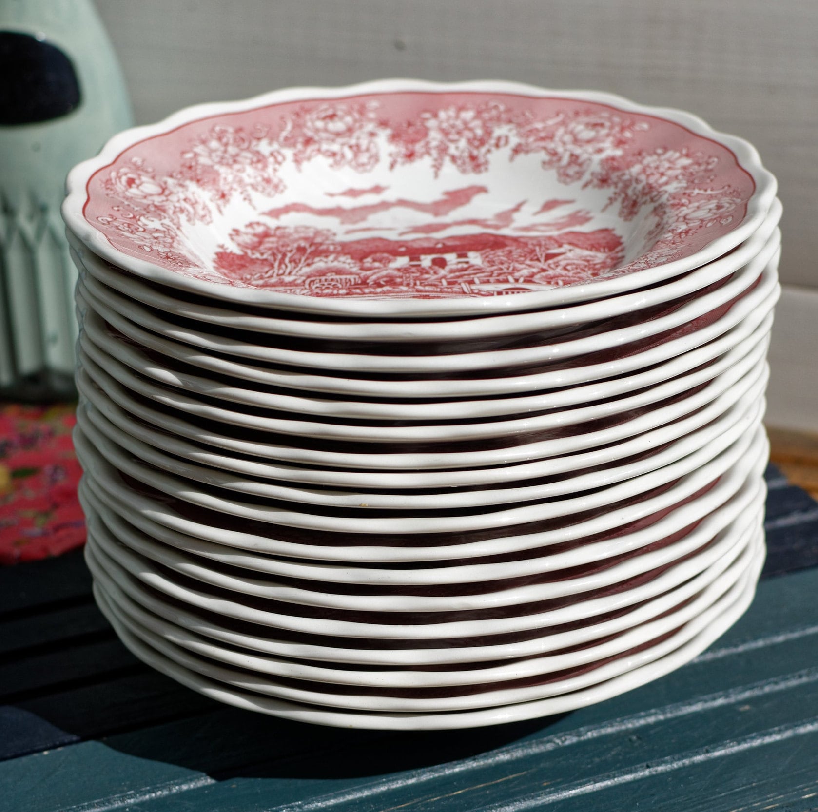 Italian Ironstone Red Transferware Soup Plate N. FONTEBASSO 1760 N.F. Terraglia Forte English Landscape Fabrique en Italie 