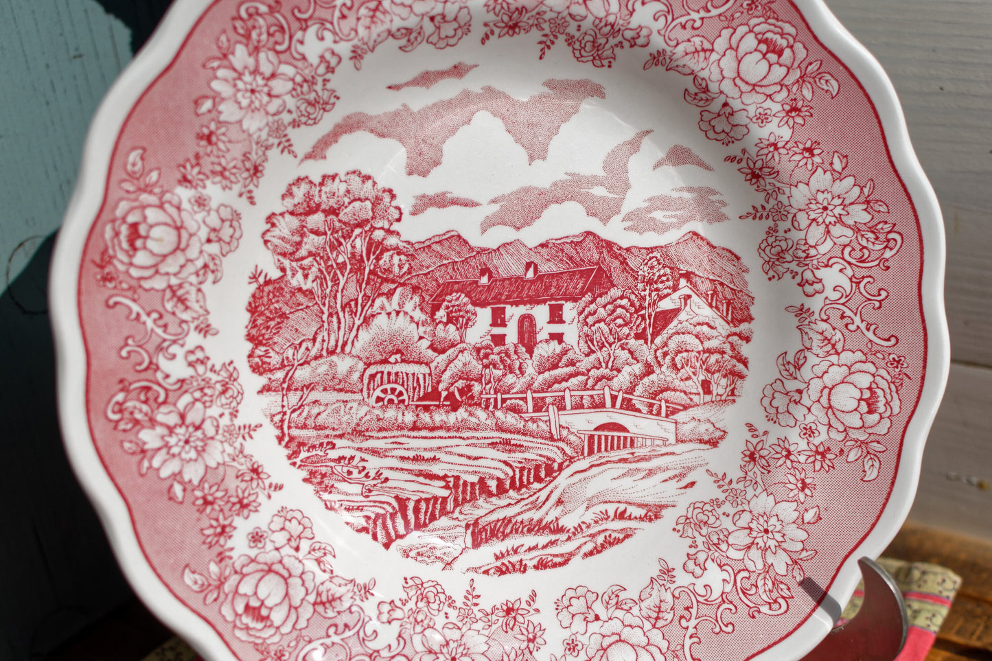 Italian Ironstone Red Transferware Soup Plate N. FONTEBASSO 1760 N.F. Terraglia Forte English Landscape Fabrique en Italie 