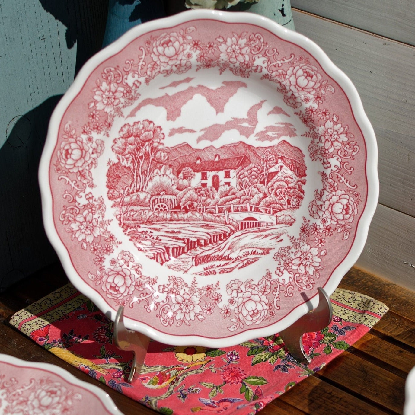 Italian Ironstone Red Transferware Soup Plate N. FONTEBASSO 1760 N.F. Terraglia Forte English Landscape Fabrique en Italie 