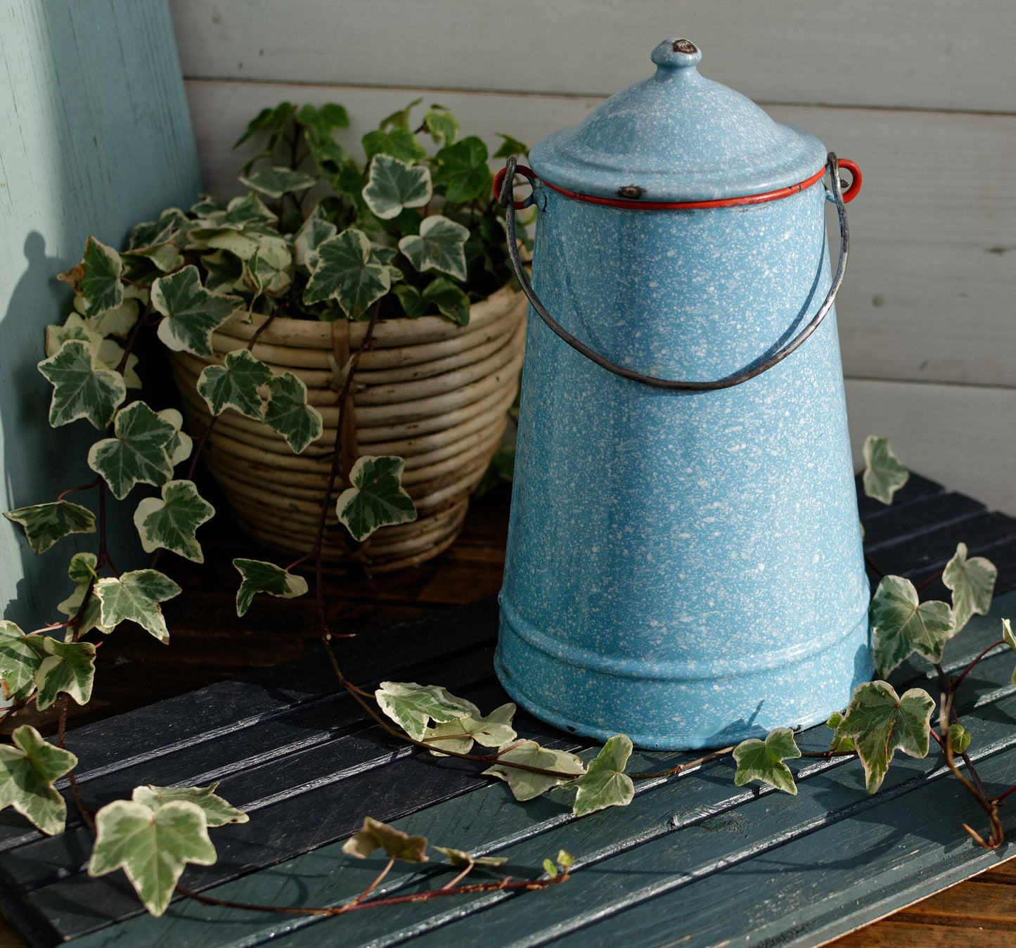 French Enamel Milk Pail Churn