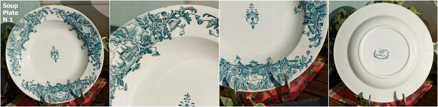 French Ironstone Blue Transferware Marine FT (Fenal Theophile) Badonviller France Terre de Fer