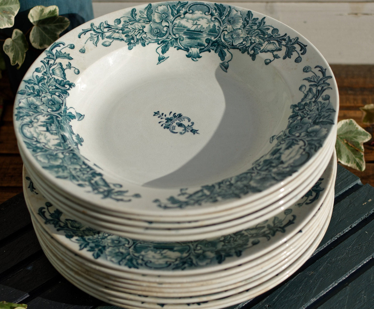 French Ironstone Blue Transferware Marine FT (Fenal Theophile) Badonviller France Terre de Fer