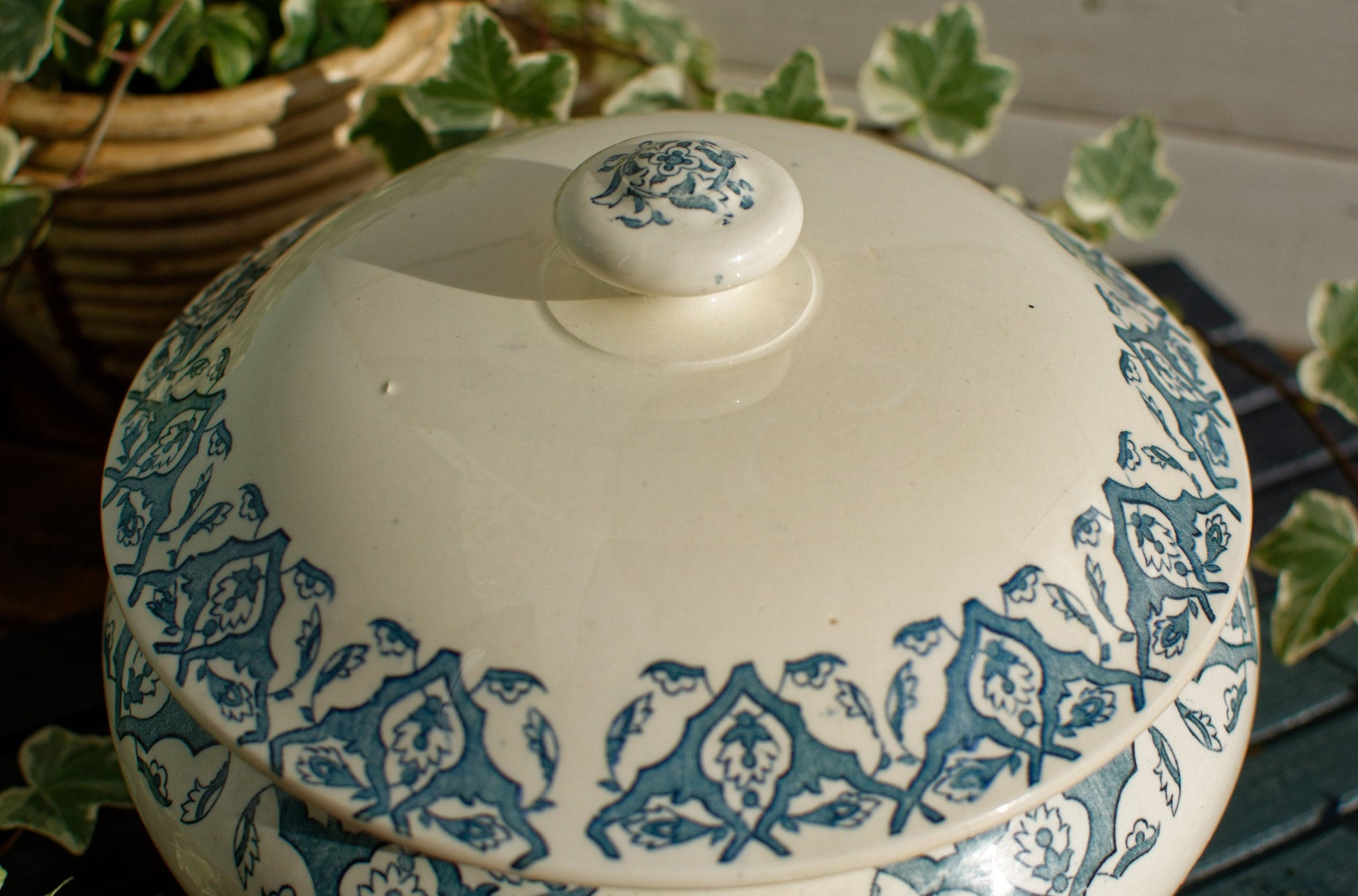 French Ironstone Blue Transferware Soup Tureen Soupiere LONGWY RHODES Terre de Fer