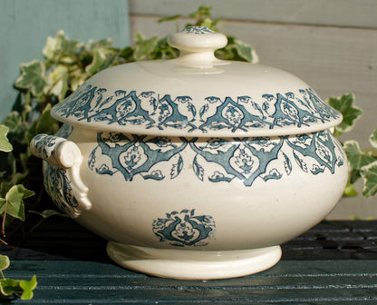 French Ironstone Blue Transferware Soup Tureen Soupiere LONGWY RHODES Terre de Fer