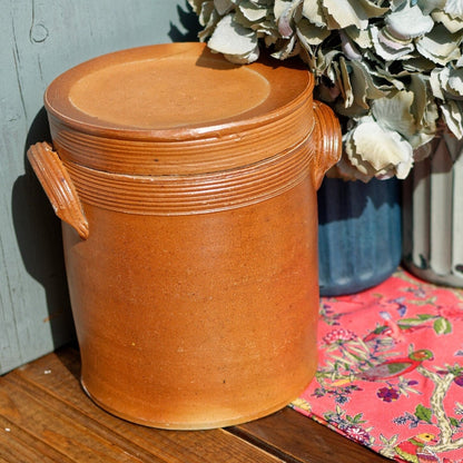 French Vintage Saloir Glazed Stoneware Sandstone Pot with Lid Terre Cuite