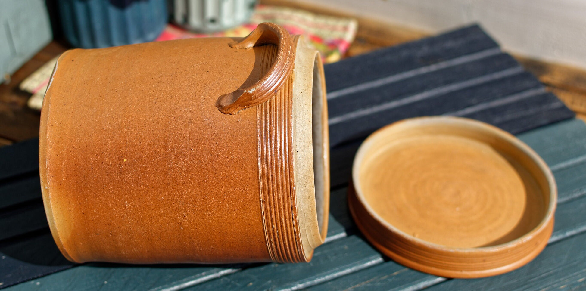 French Vintage Saloir Glazed Stoneware Sandstone Pot with Lid Terre Cuite