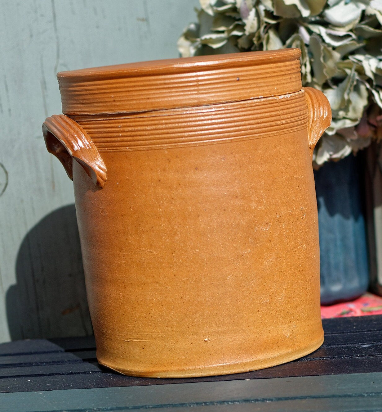 French Vintage Saloir Glazed Stoneware Sandstone Pot with Lid Terre Cuite