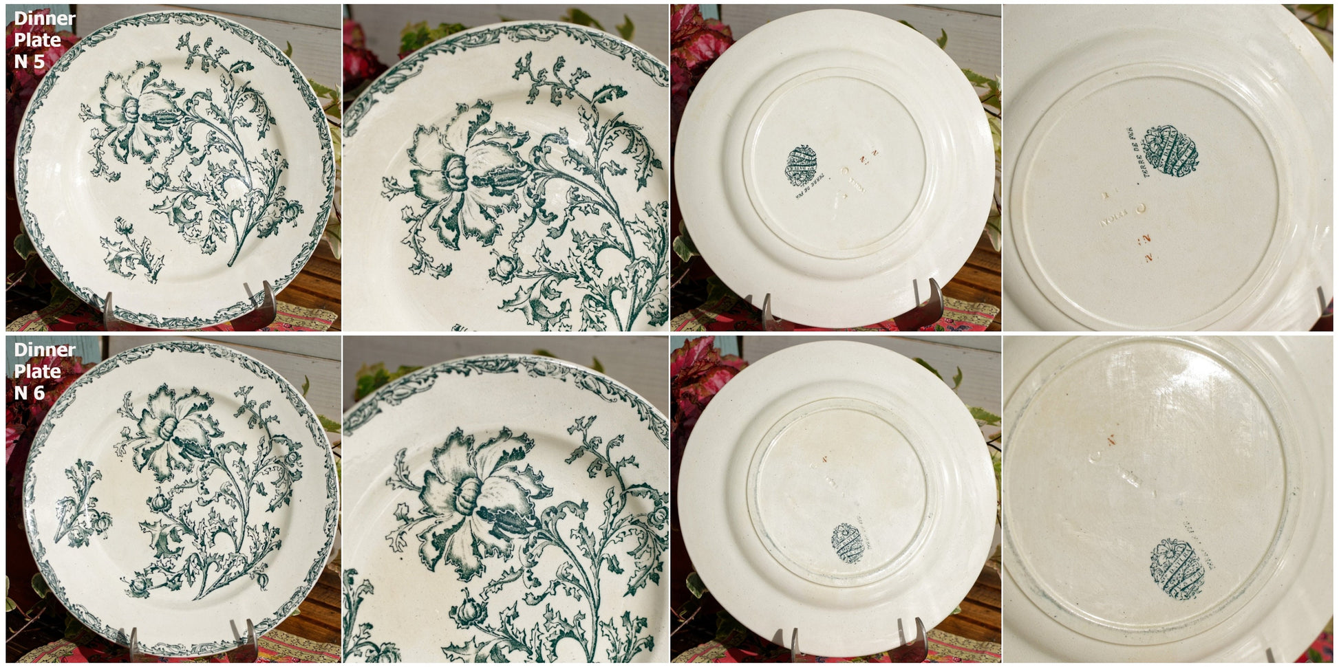 French Ironstone Green Transferware Dinner Plate Datura Bordeaux J.V & Cie JULES VIEILLARD Terre de Fer