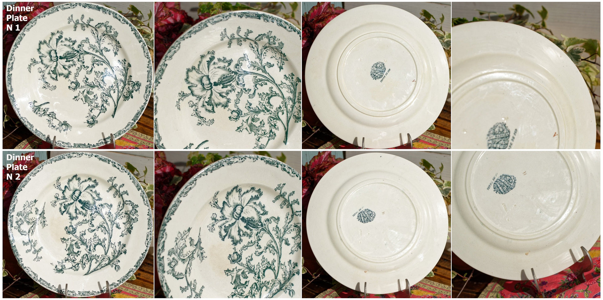 French Ironstone Green Transferware Dinner Plate Datura Bordeaux J.V & Cie JULES VIEILLARD Terre de Fer