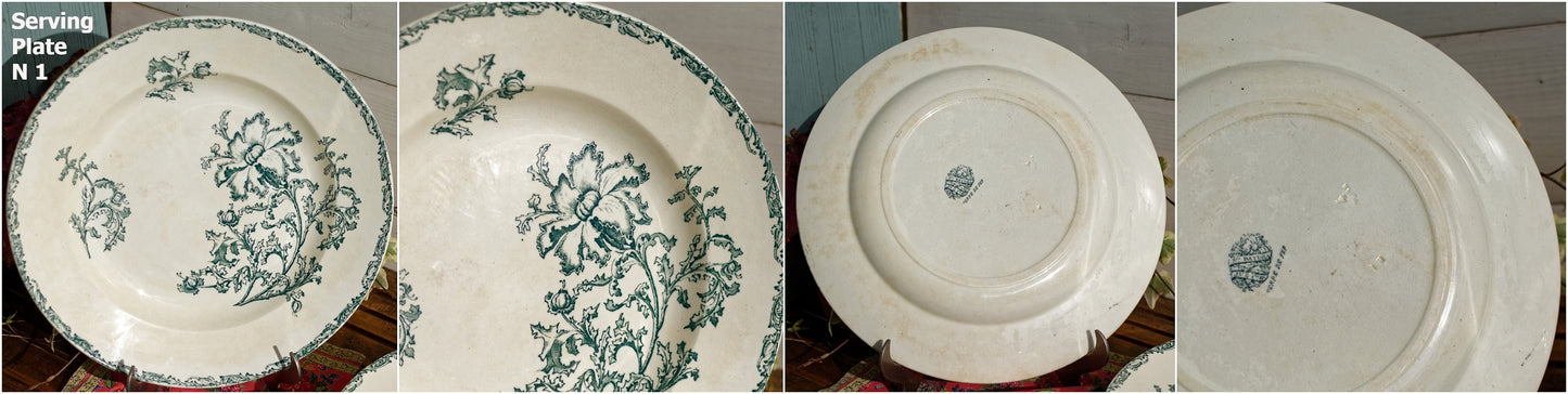 Années 1800 ~ « DATURA » JULES VIEILLARD, Bordeaux ~ Français Antique Ironstone Green Transferware Soup Plate ~ Terre de Fer