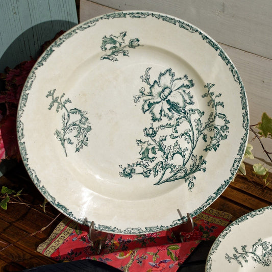 1800s ~ "DATURA" JULES VIEILLARD, Bordeaux ~ French Antique Ironstone Green Transferware Soup Plate ~ Terre de Fer