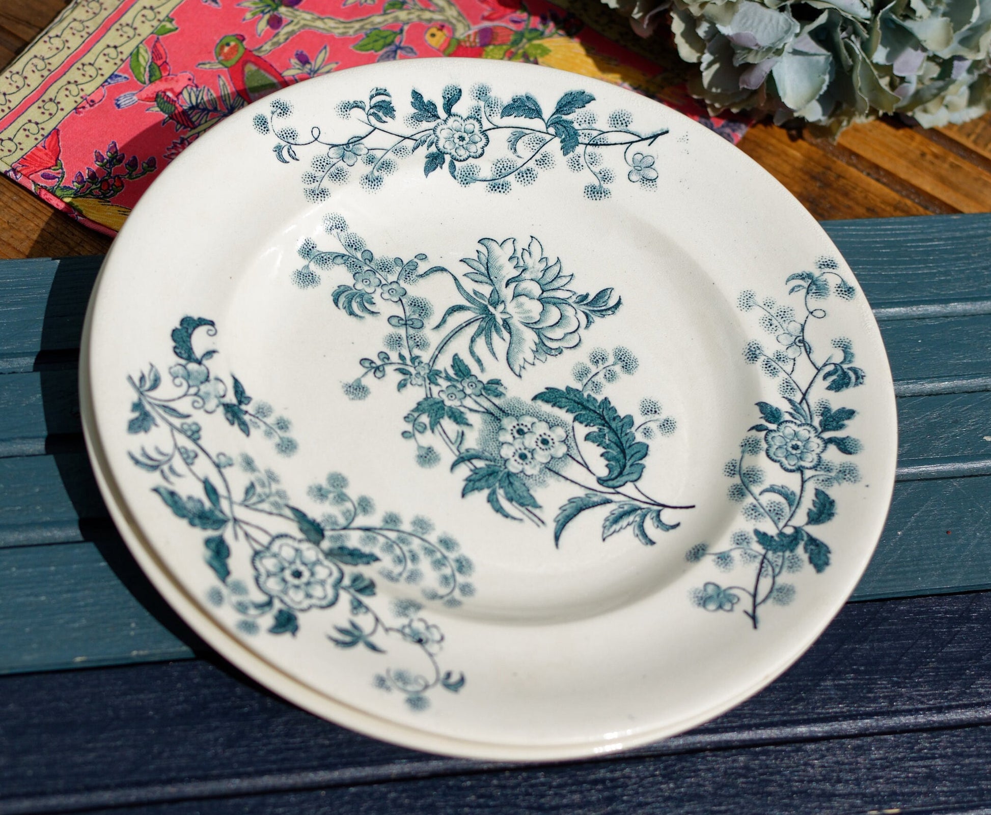 French Ironstone Blue Transferware Plate LONGWY YCHO dragonflies terre de fer