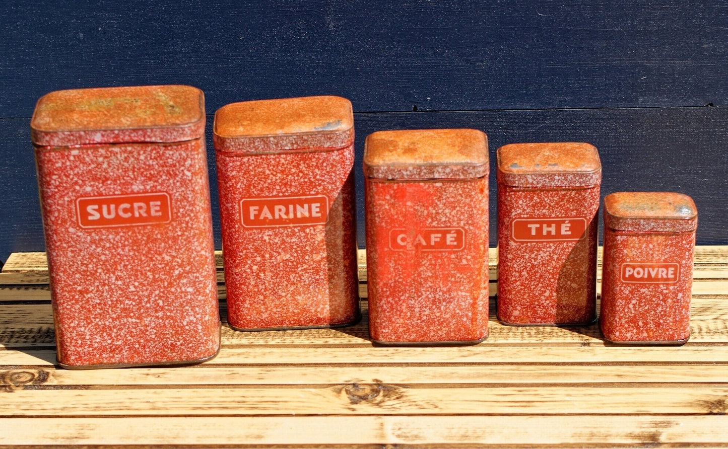 French Antique Aluminum Storage Nesting Canisters Red Spice Jars Sucre Farine Cafe The Poivre