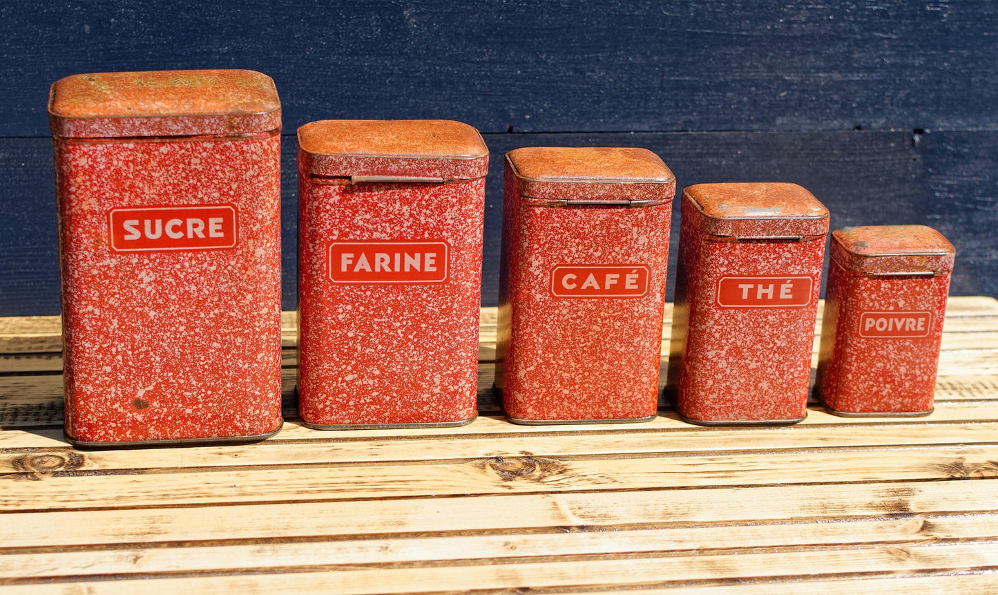 French Antique Aluminum Storage Nesting Canisters Red Spice Jars Sucre Farine Cafe The Poivre