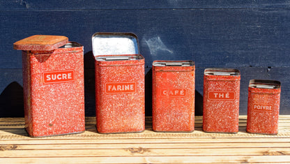 French Antique Aluminum Storage Nesting Canisters Red Spice Jars Sucre Farine Cafe The Poivre