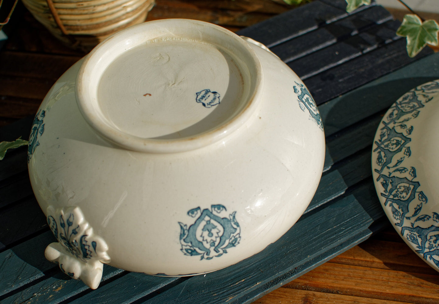 French Ironstone Blue Transferware Soup Tureen Soupiere LONGWY RHODES Terre de Fer