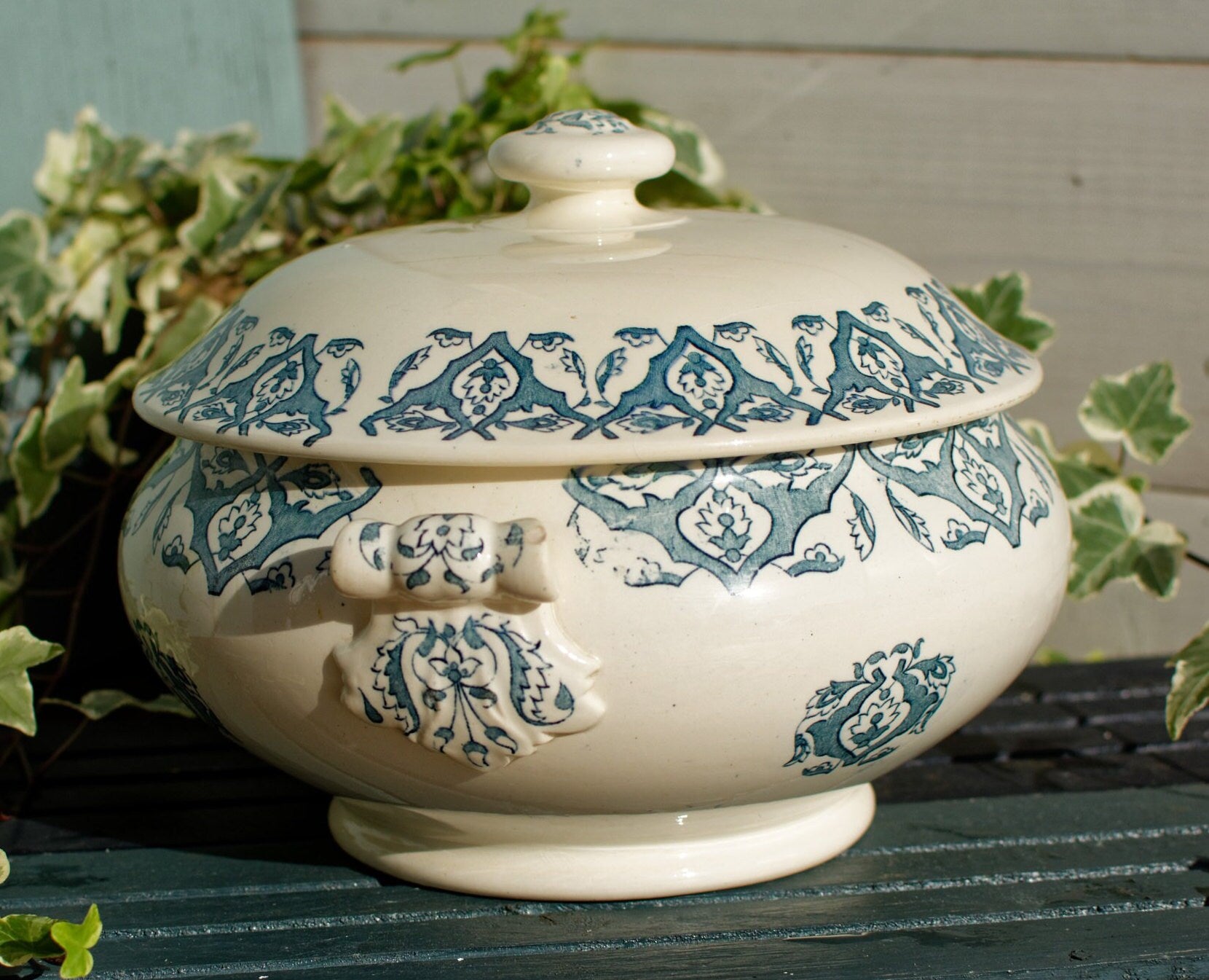 French Ironstone Blue Transferware Soup Tureen Soupiere LONGWY RHODES Terre de Fer