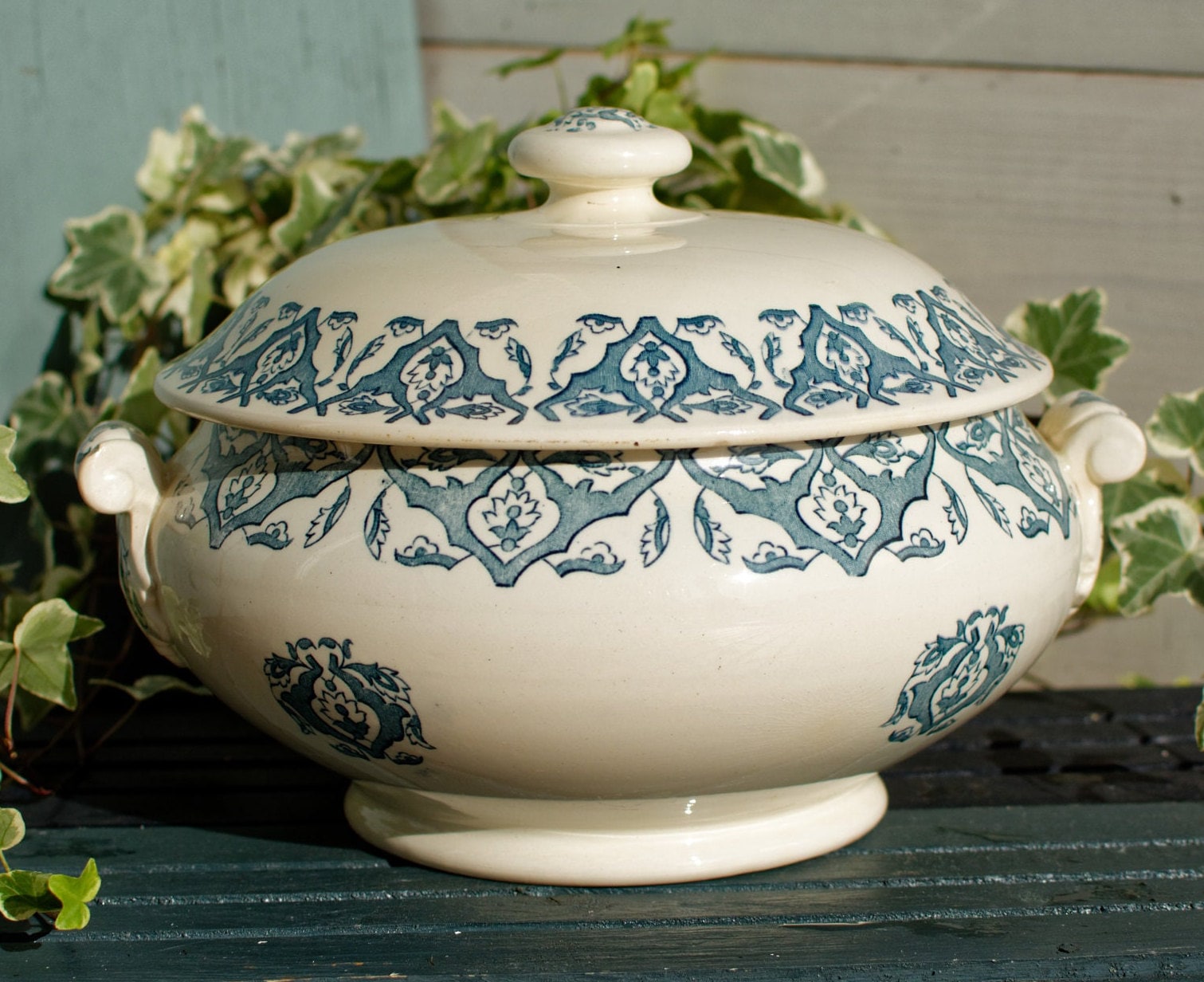 French Ironstone Blue Transferware Soup Tureen Soupiere LONGWY RHODES Terre de Fer