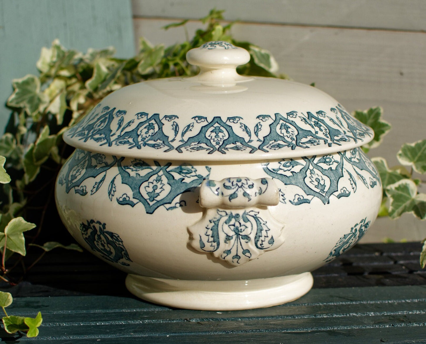 French Ironstone Blue Transferware Soup Tureen Soupiere LONGWY RHODES Terre de Fer