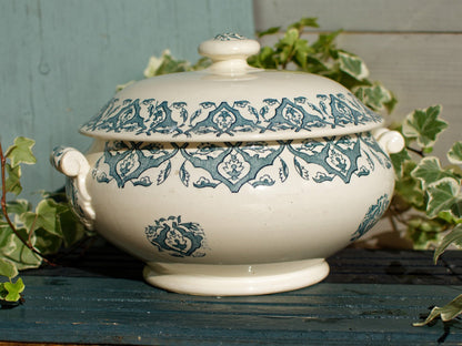 French Ironstone Blue Transferware Soup Tureen Soupiere LONGWY RHODES Terre de Fer