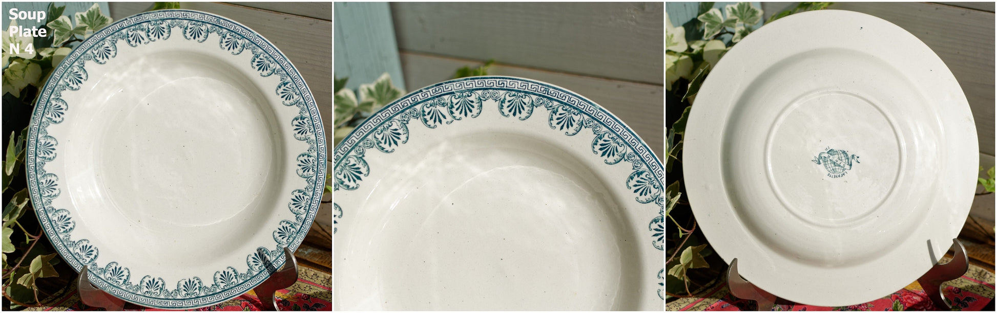 French Ironstone Blue Transferware Soup Plate Lafayette SALINS S.F.N.G.R. Terre de Fer