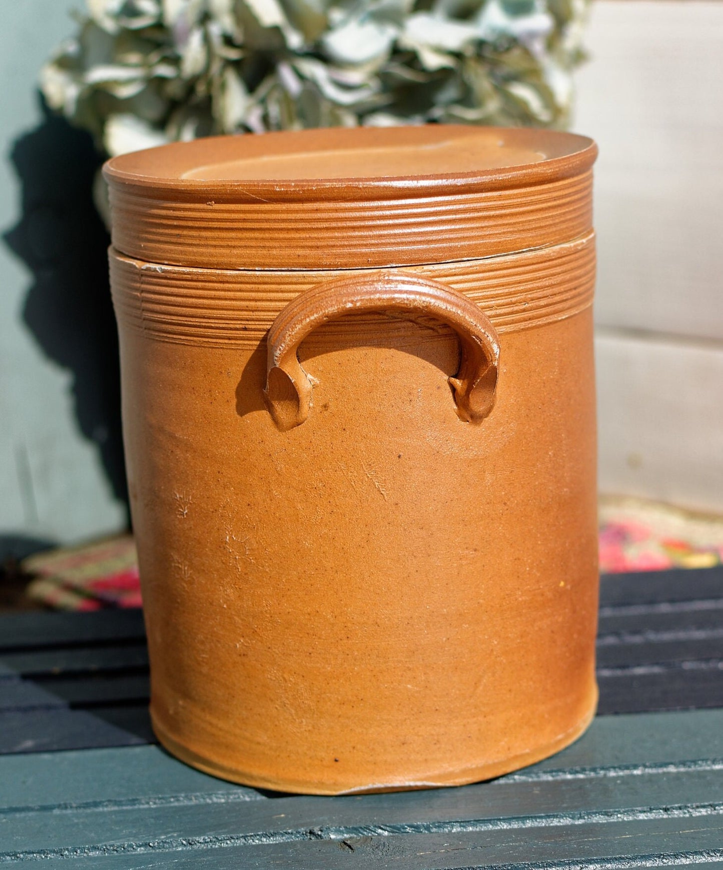 French Vintage Saloir Glazed Stoneware Sandstone Pot with Lid Terre Cuite