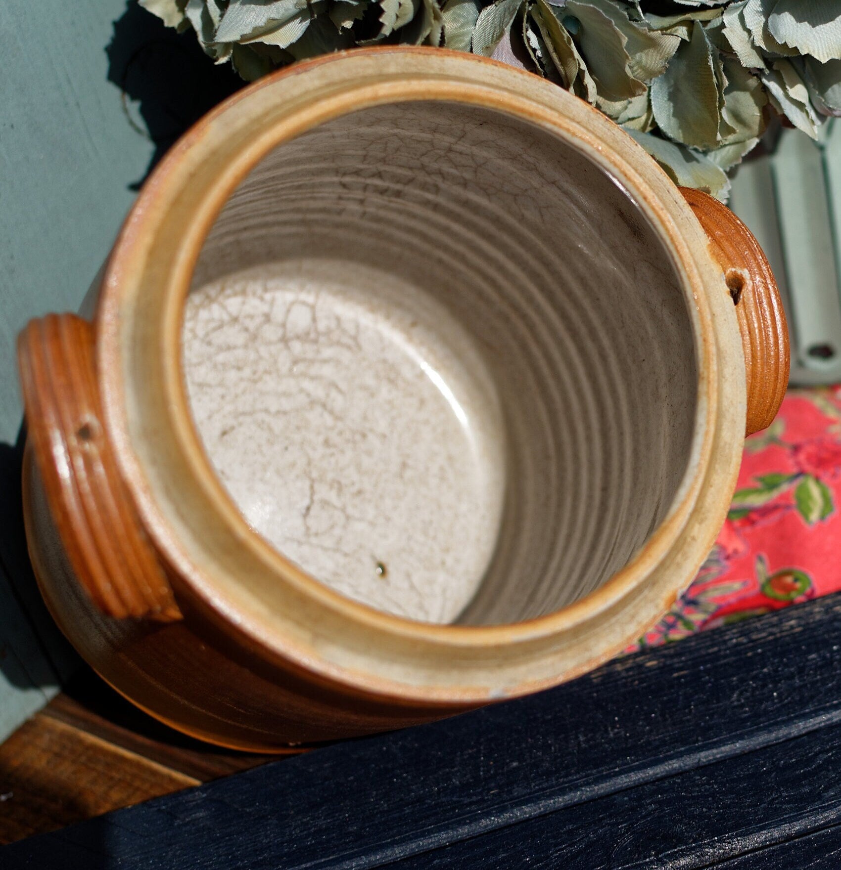 French Vintage Saloir Glazed Stoneware Sandstone Pot with Lid Terre Cuite