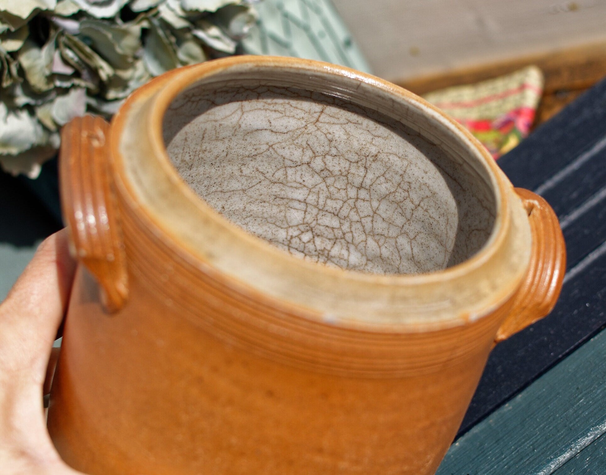 French Vintage Saloir Glazed Stoneware Sandstone Pot with Lid Terre Cuite