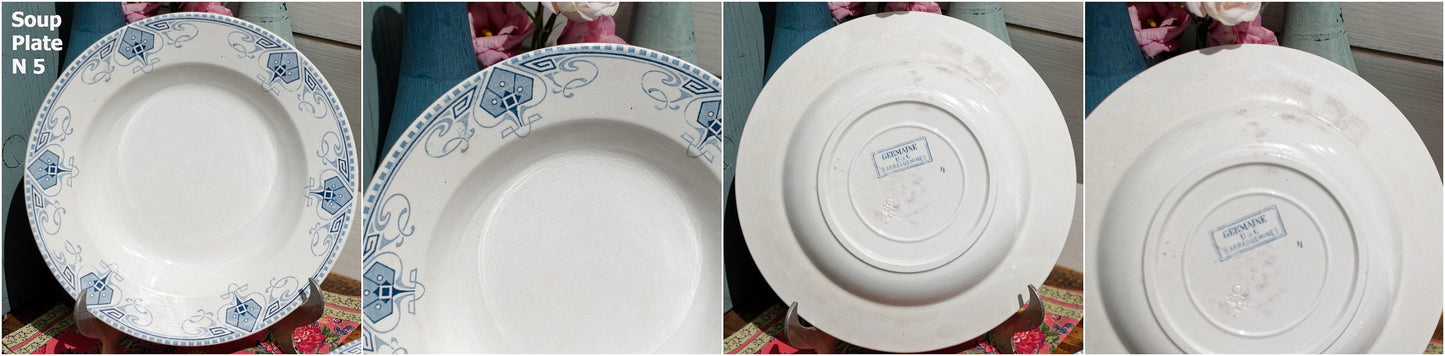 French Ironstone Blue Transferware Soup Plate GERMAINE France Sarreguemines U&C Terre de Fer