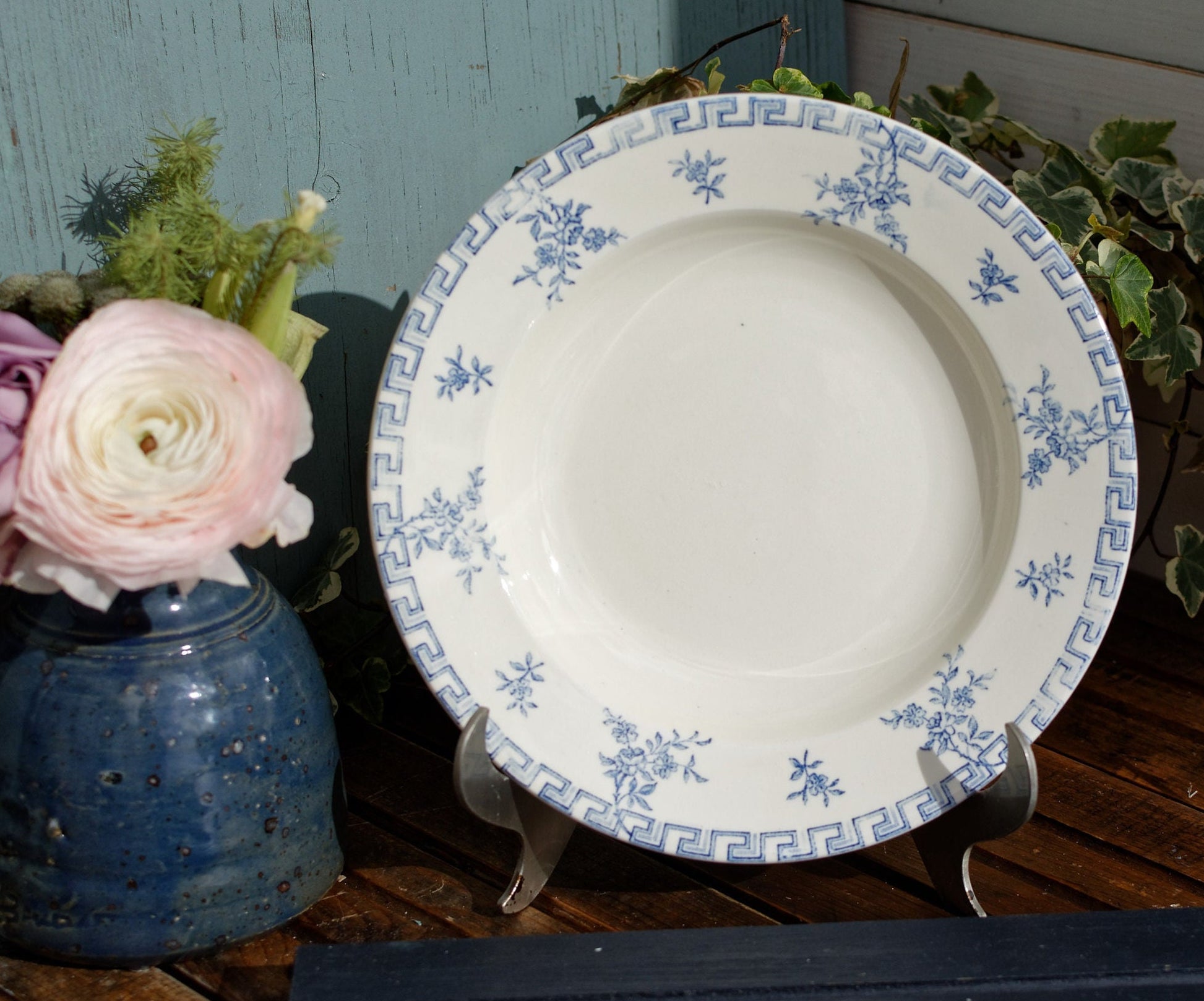 French Ironstone Blue Transferware Plate Athenes  Terre de Fer LG Léon Graves Clairefontaine