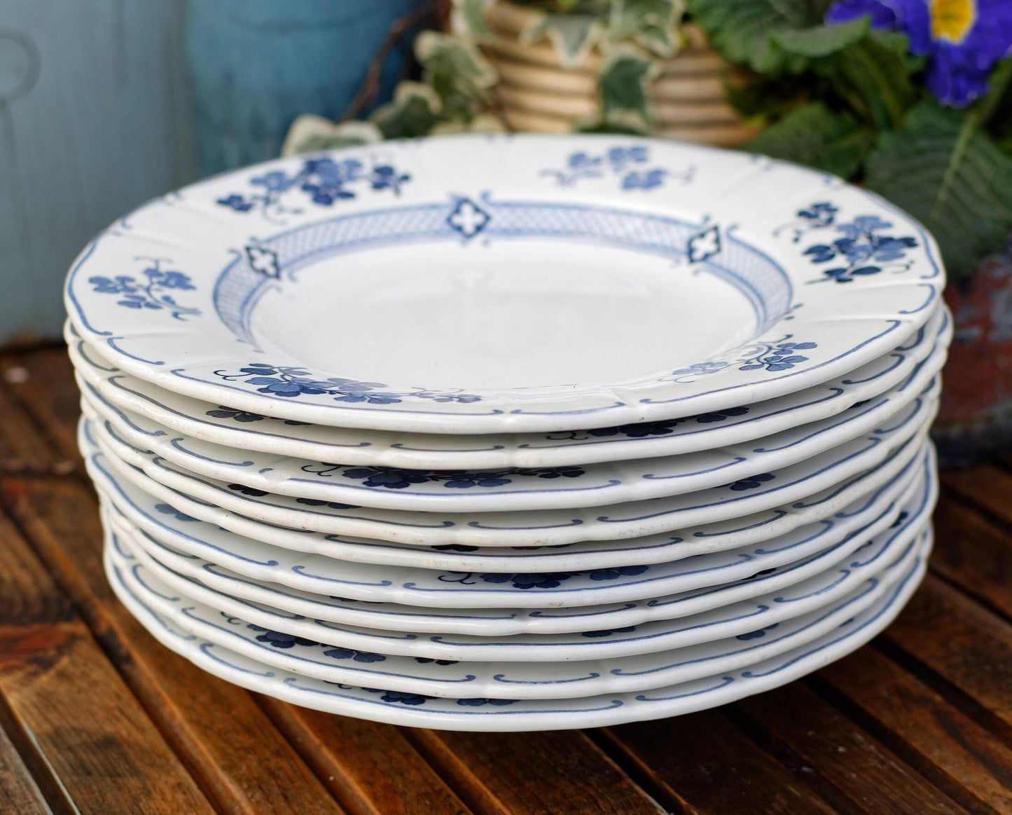 French Antique Ironstone Blue Transferware K&G (Keller et Guérin) Lunéville terre de fer