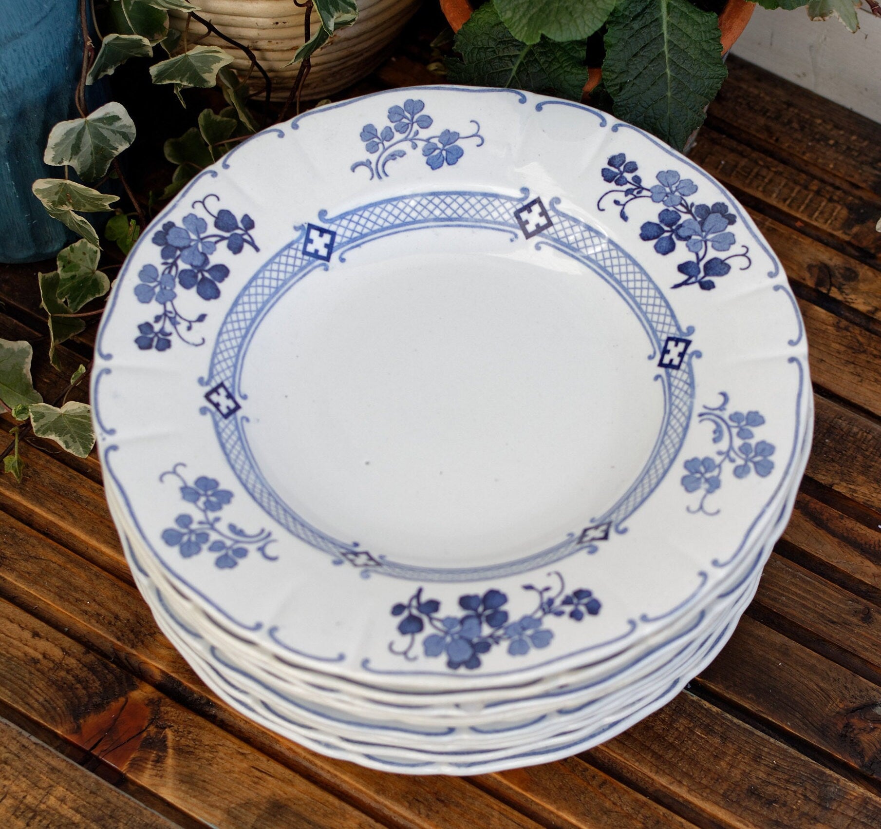 French Antique Ironstone Blue Transferware K&G (Keller et Guérin) Lunéville terre de fer