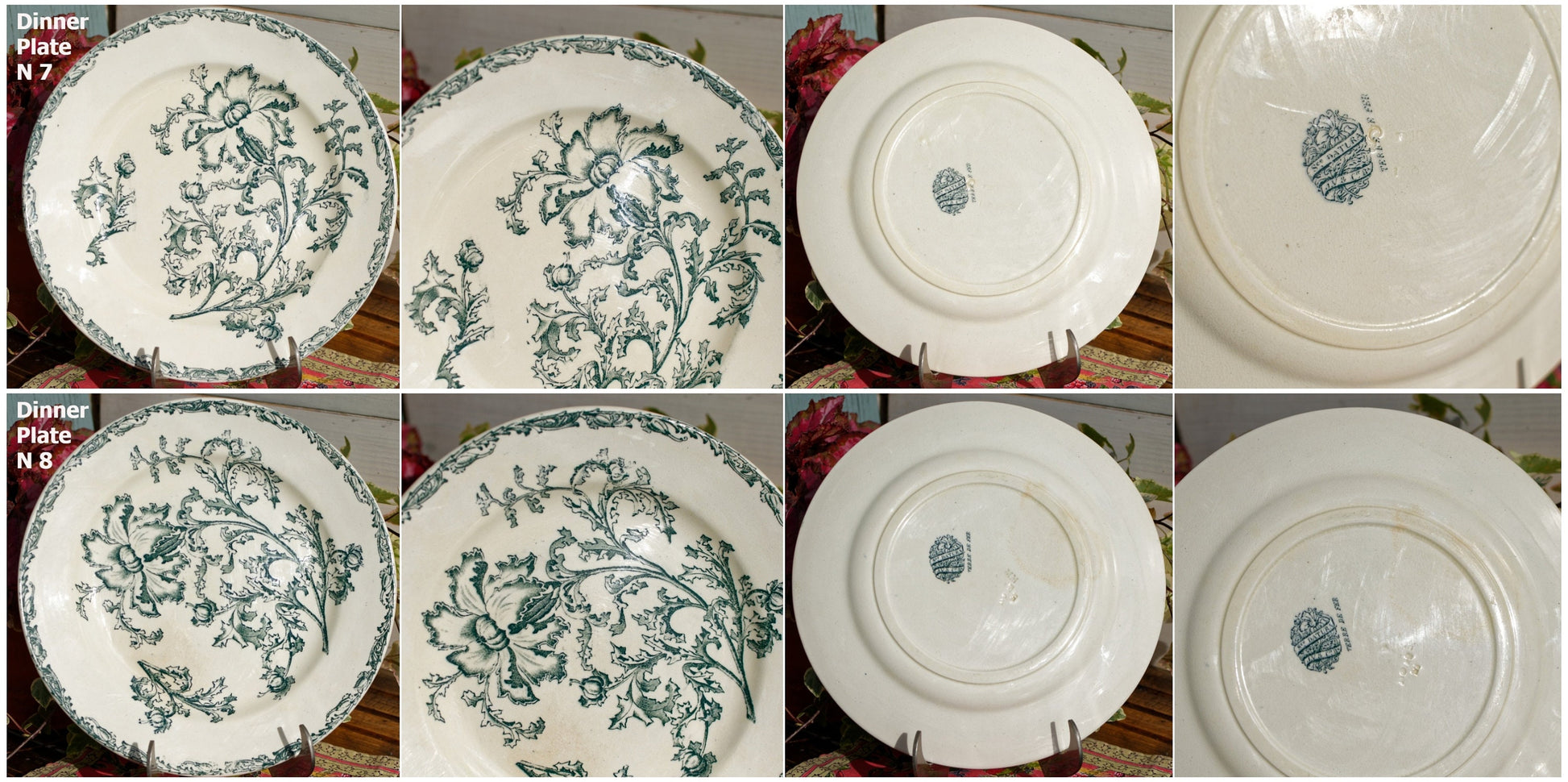 French Ironstone Green Transferware Dinner Plate Datura Bordeaux J.V & Cie JULES VIEILLARD Terre de Fer