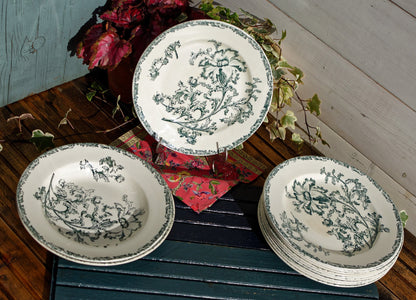 French Ironstone Green Transferware Dinner Plate Datura Bordeaux J.V & Cie JULES VIEILLARD Terre de Fer