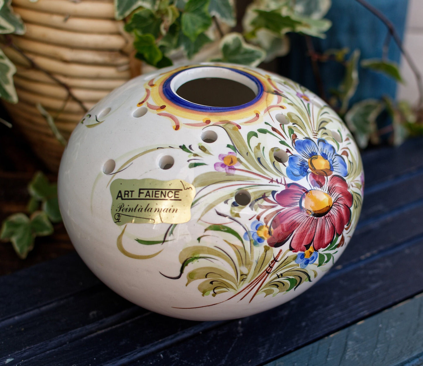 French Hand-Painted Ceramic Potpourri Pot Art-Faience Peint a la main