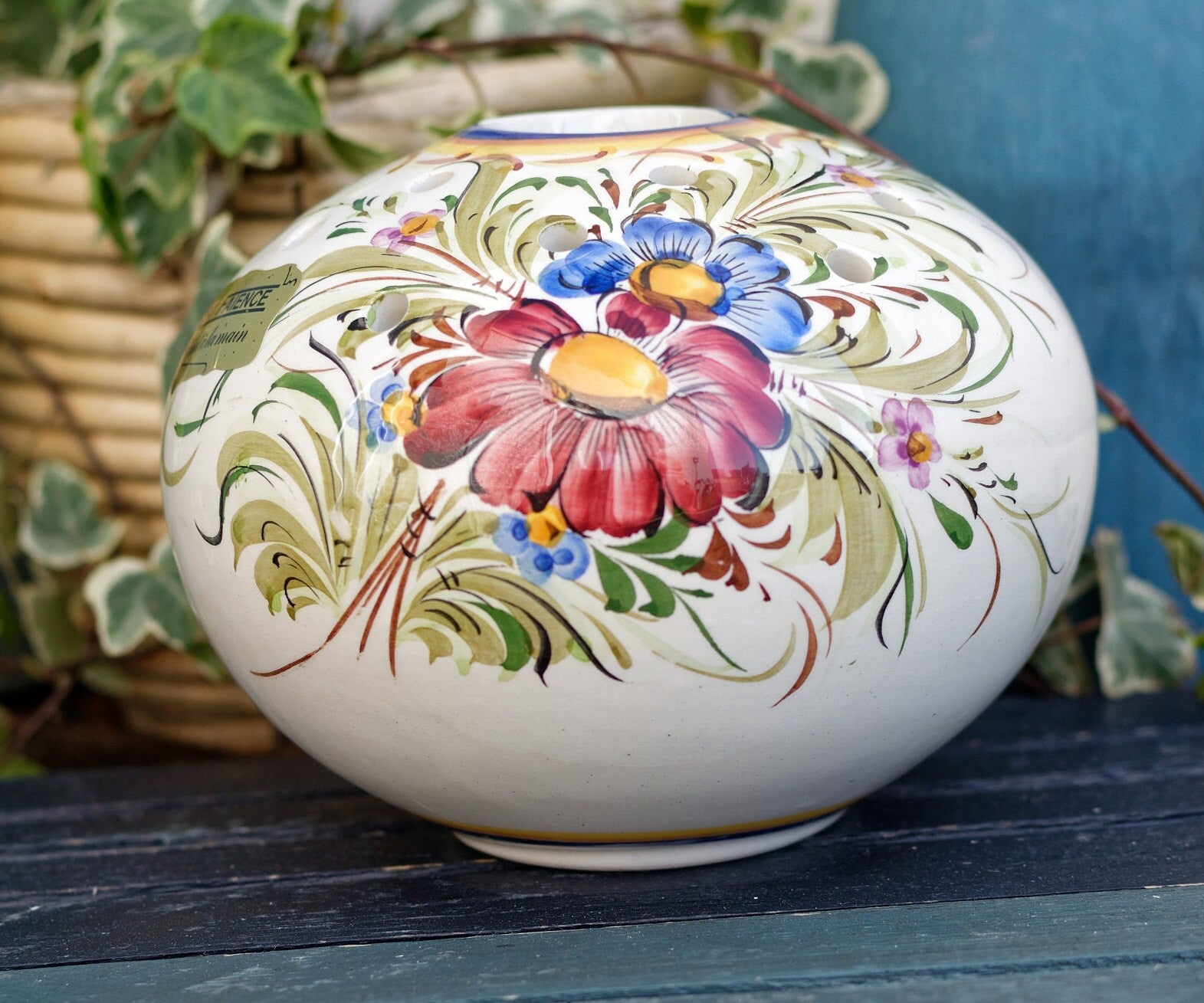 French Hand-Painted Ceramic Potpourri Pot Art-Faience Peint a la main