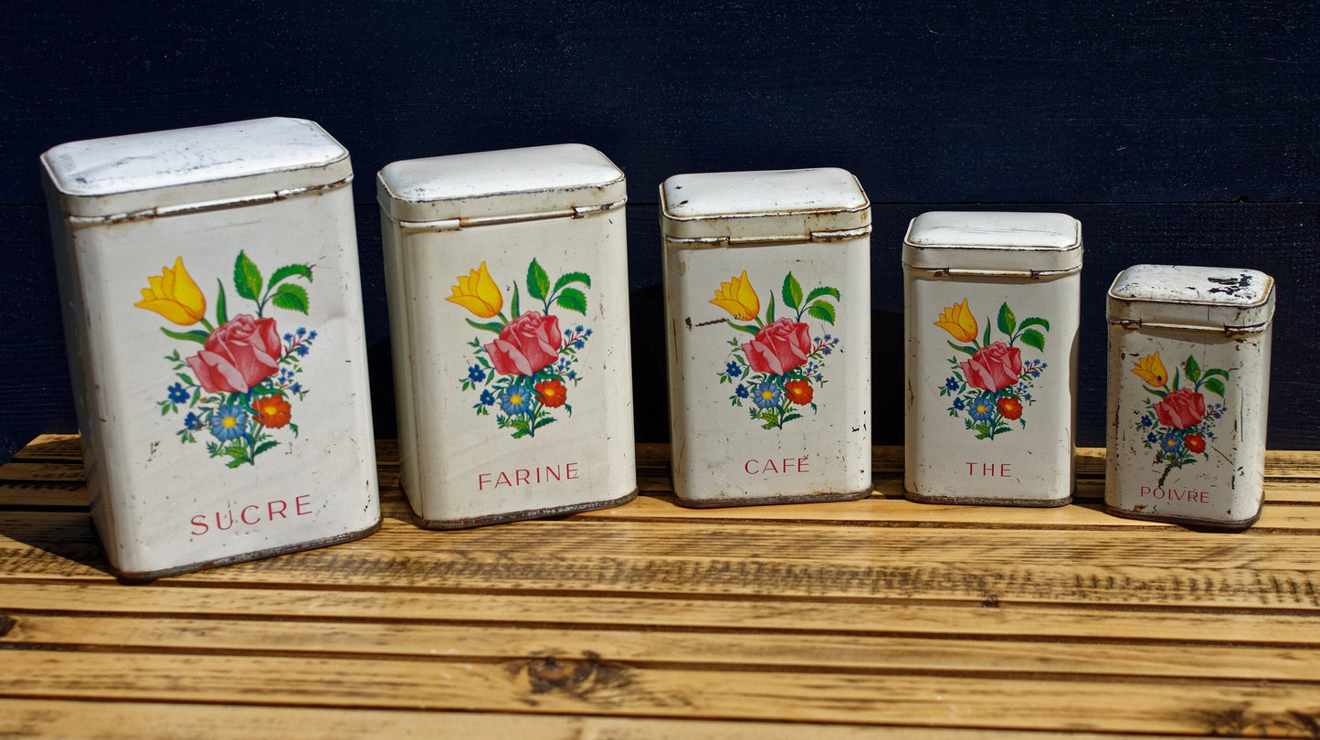 French Antique Aluminum Storage Nesting Canisters Spice Jars Sucre Farine Cafe The Poivre