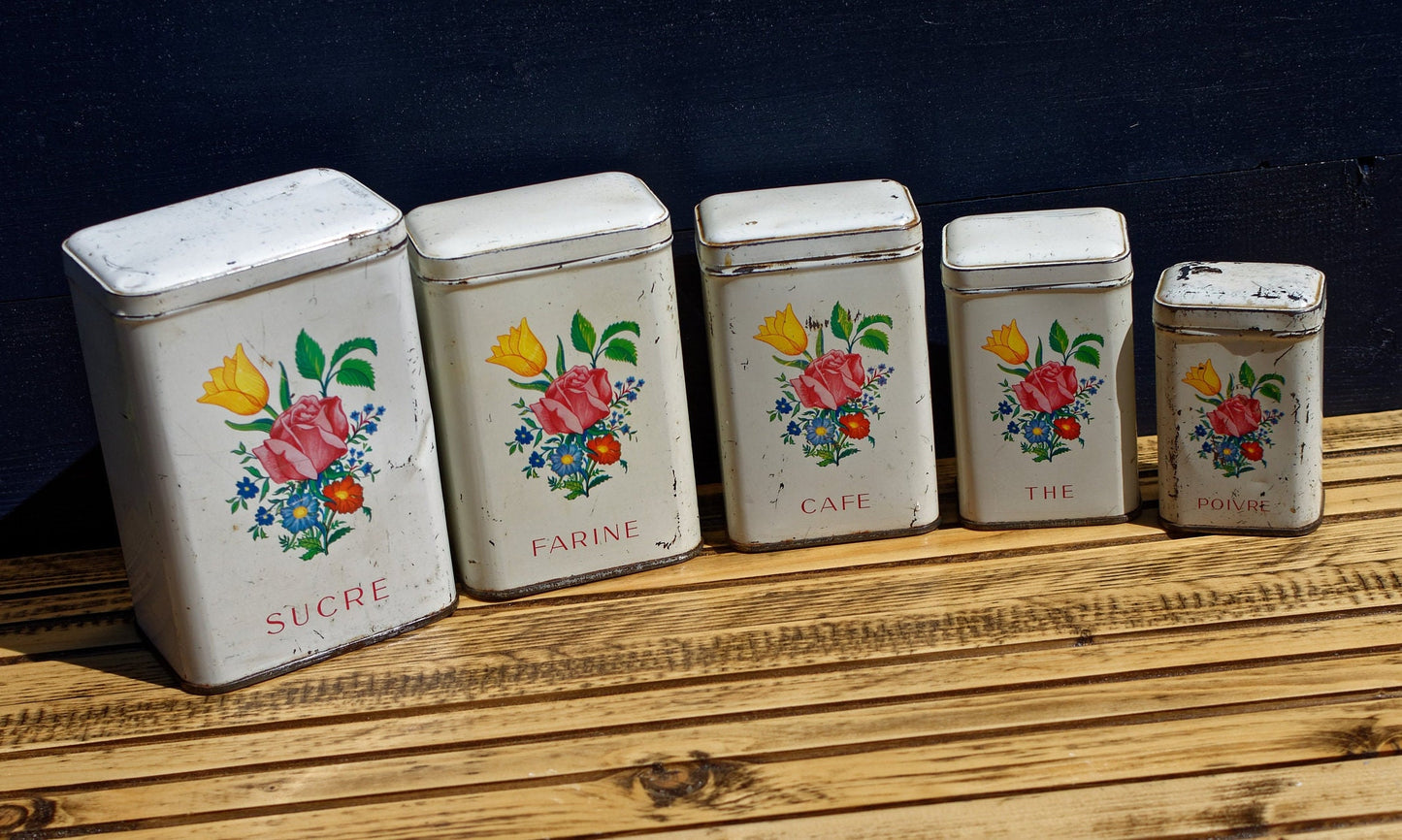 French Antique Aluminum Storage Nesting Canisters Spice Jars Sucre Farine Cafe The Poivre