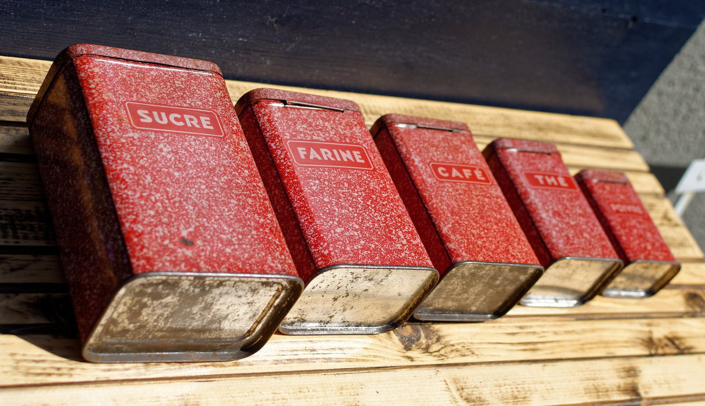 French Antique Aluminum Storage Nesting Canisters Red Spice Jars Sucre Farine Cafe The Poivre