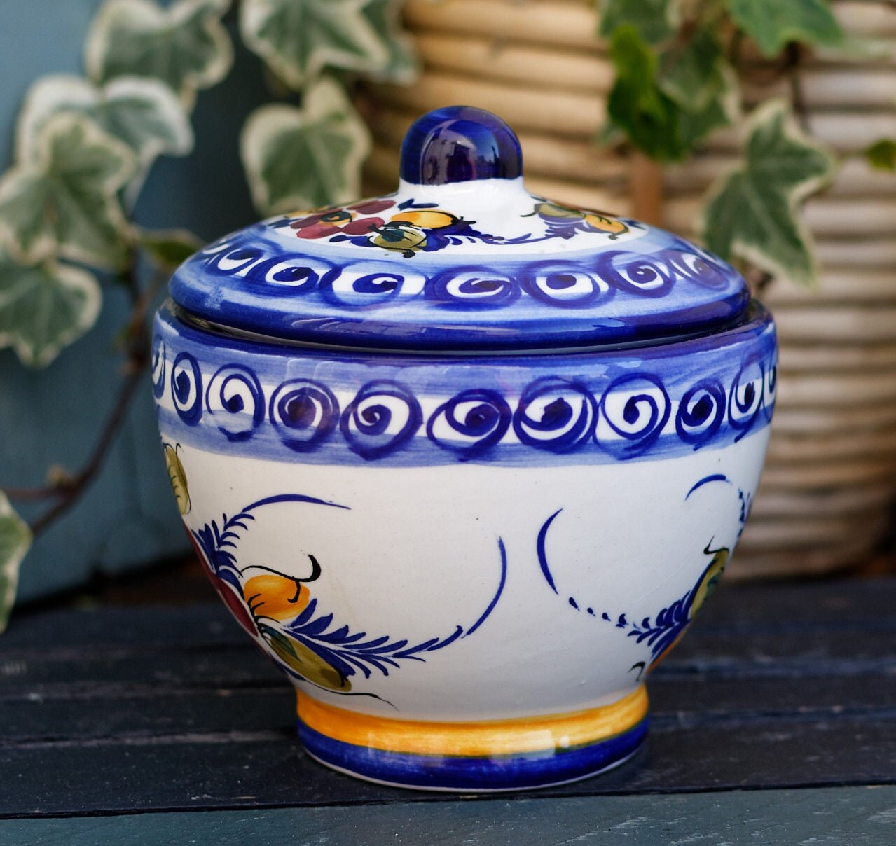 French Hand-Painted Faïence Porcelain Condiment Sauce Pot with Lid or Mustard Pot Peint a la Main