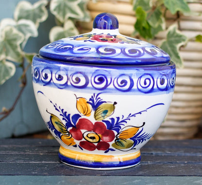 French Hand-Painted Faïence Porcelain Condiment Sauce Pot with Lid or Mustard Pot Peint a la Main