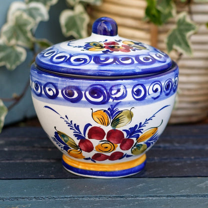 French Hand-Painted Faïence Porcelain Condiment Sauce Pot with Lid or Mustard Pot Peint a la Main