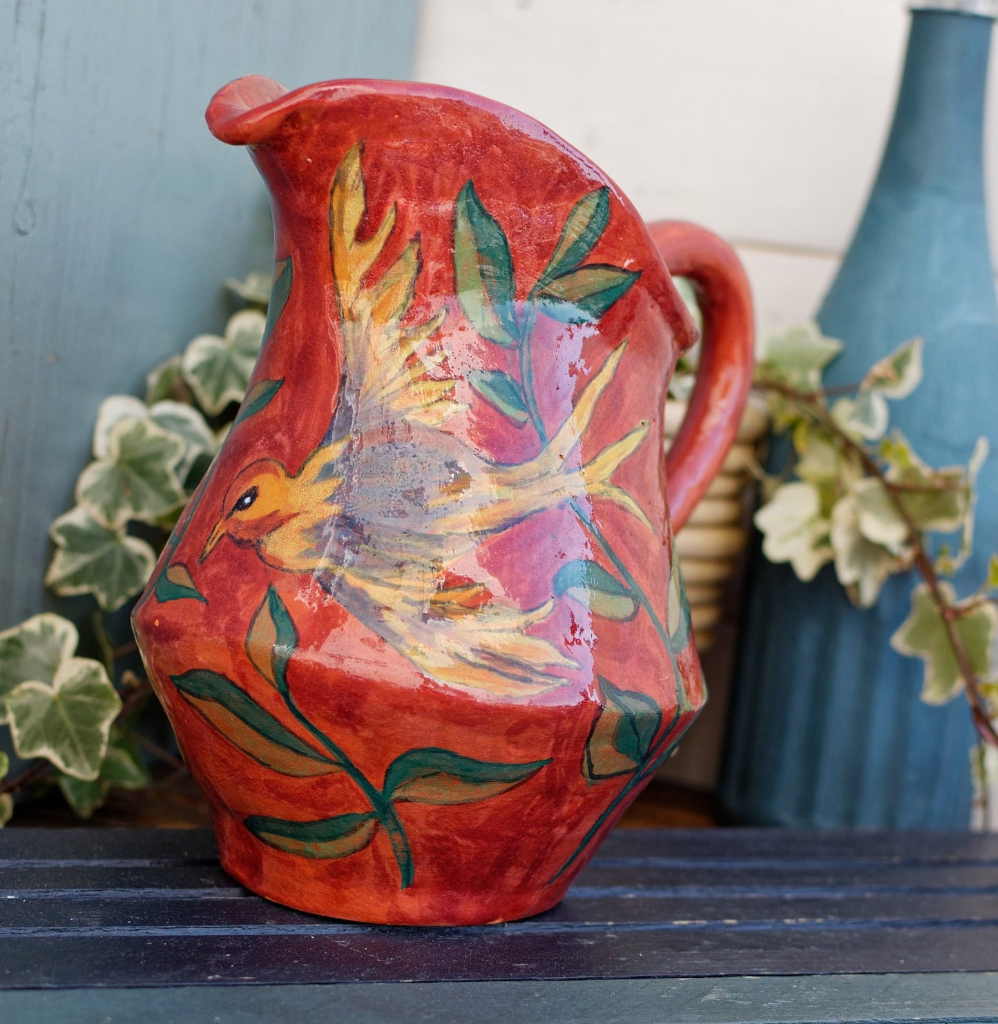 French Hand-Painted Porcelain Pitcher Fait Main Art Faience Bird Scene