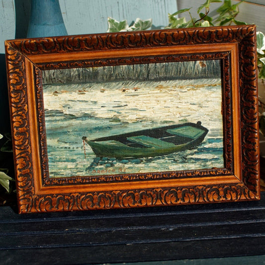 French Vintage Antique Small Wooden Framed Oil Painting of a boat scene Signed by Artist CORDIER B