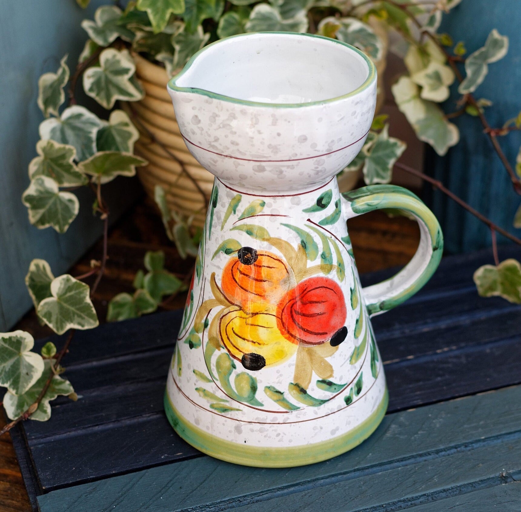 French Hand-Painted Porcelain Floral Pitcher Fait Main Art Faience