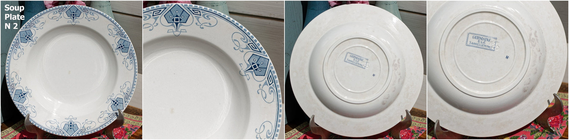 French Ironstone Blue Transferware Soup Plate GERMAINE France Sarreguemines U&C Terre de Fer