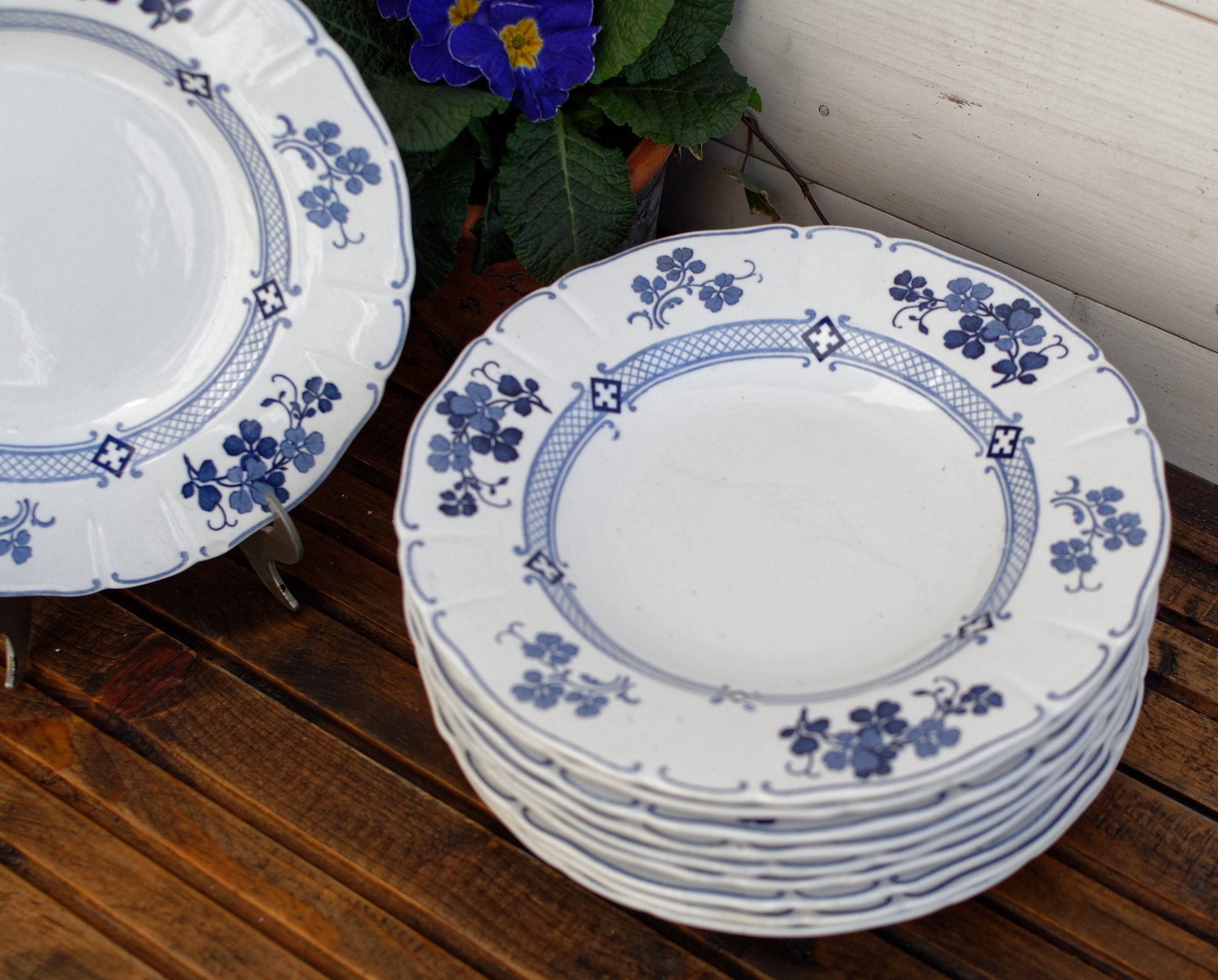 French Antique Ironstone Blue Transferware K&G (Keller et Guérin) Lunéville terre de fer